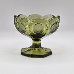 FOSTORIA COIN Green Glass Compote Pedestal Dish Bowl Vintage Eagle Olympic Torch